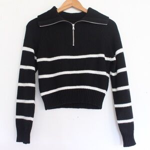 Olivaceous Quarter Zip Striped Knit Cropped Sweater